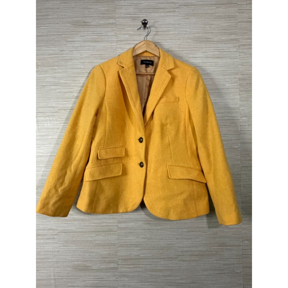 Talbots Blazer Jacket Womens 12 Yellow Wool Blend Single Breasted Crest Buttons